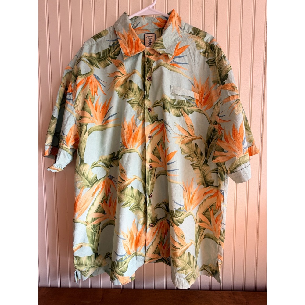 Jamaica Jaxx Mens XXL Silk Bird of Paradise Hawaiian Shirt Blue Orange Floral